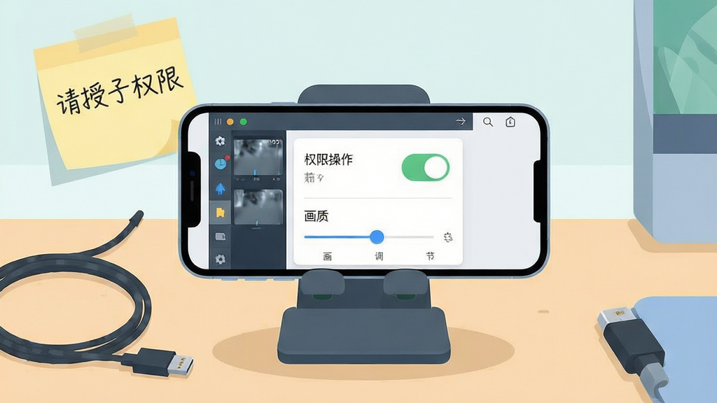 一部手机横放在桌面支架上,屏幕显示监控软件的操作界面,界面中有权限开关与画质调节滑块,旁边散落着充电线和一张写着“请授予权限”的便签;布局为手机居中,配件环绕四周;风格为清新扁平插画风;细节上界面元素清晰,便签有手写字体感;画质高清,干净,无多余元素