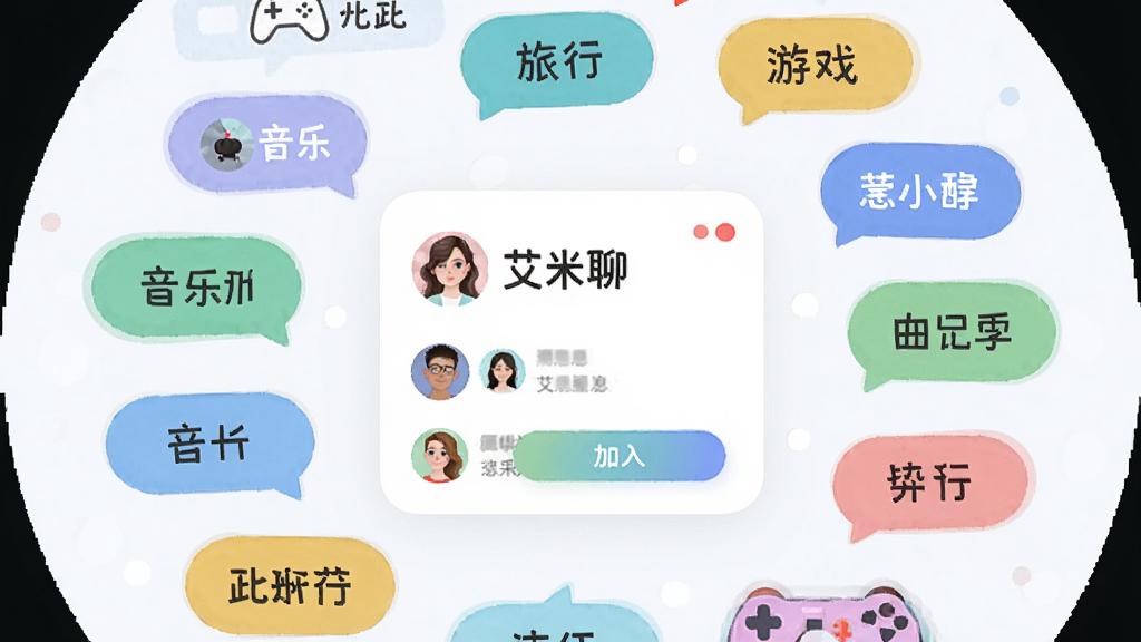 画面呈现一个圆形话题广场的俯视构图,中央是