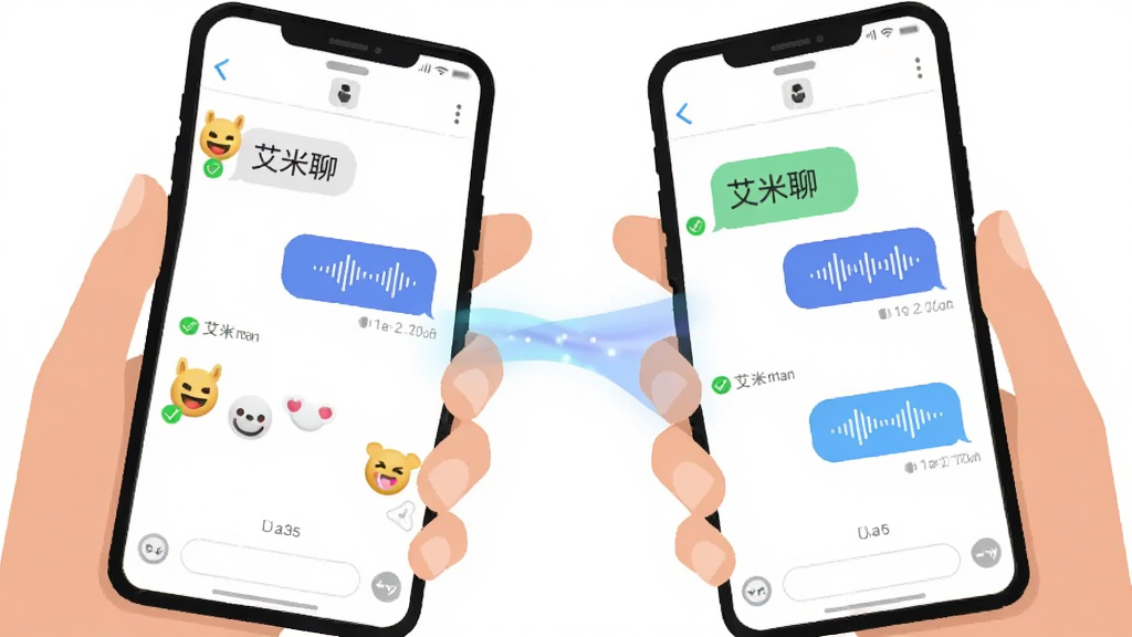 画面主体为两只手各自握持手机互发消息,屏幕中显示