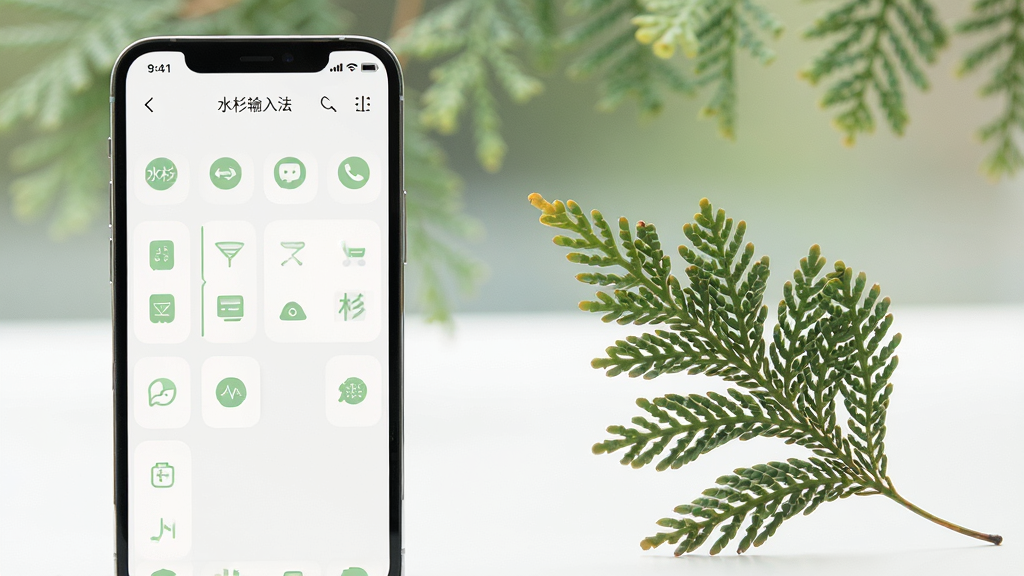 一部手机屏幕显示水杉输入法设置界面,界面为白色底色配浅绿色图标,旁边放着一片水杉树叶,背景虚化柔和,风格极简清新,布局左侧手机右侧树叶,细节精致,画质高清,画面干净,屏幕上显示文字“水杉输入法”