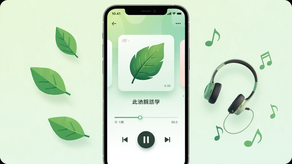 手机音乐播放器界面展示,主体为一部竖屏智能手机居中放置,屏幕内显示叶子音乐APP播放页面,包含专辑封面、歌曲名称、播放进度条与控制按钮,左侧悬浮几片绿色树叶装饰,右侧展示耳机与音符元素,布局简洁对称,风格为清新扁平化UI设计,细节包含柔和渐变背景、圆角卡片、清晰图标,画质高清,画面干净,无多余元素