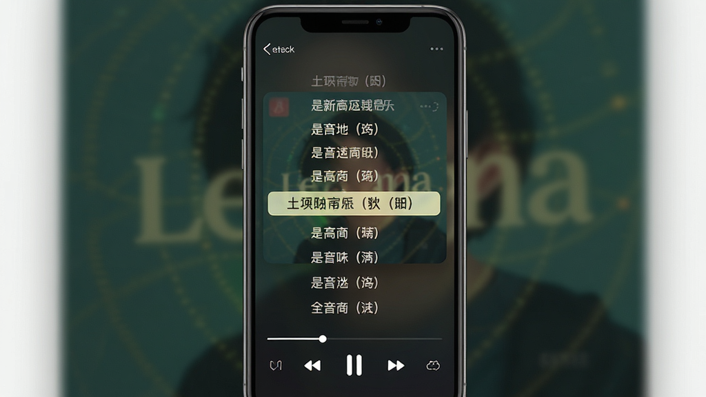 音乐播放歌词界面展示,主体为手机屏幕居中,屏幕内显示叶子音乐APP歌词滚动页面,中央为高亮歌词行,背景为模糊专辑封面,布局为全屏沉浸式,风格为深色渐变视觉,细节包含歌词逐行高亮、顶部返回按钮、底部播放控制条,画质高清,画面干净,无多余元素