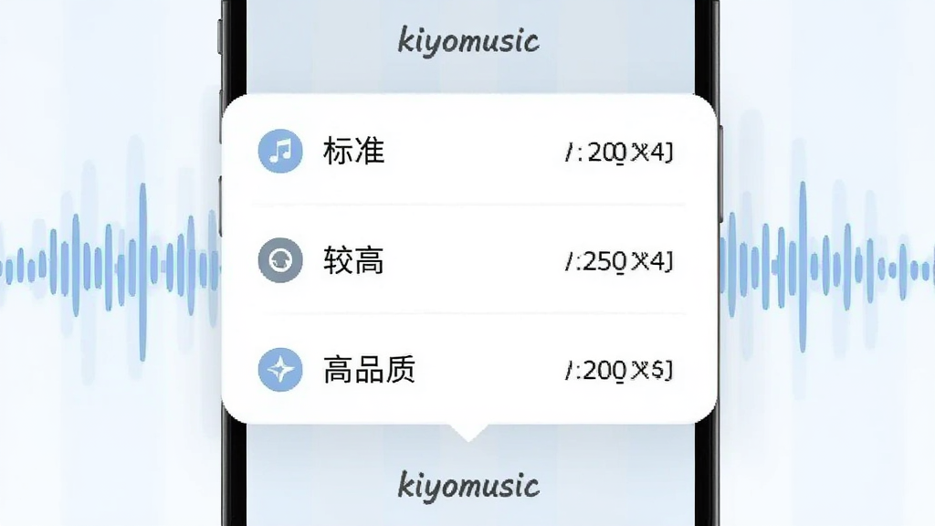 一张展示音质选择弹窗的手机界面示意图,竖屏手机屏幕中央弹出三档音质选项列表,分别为标准、较高、高品质,每档右侧标注大致文件大小,弹窗采用圆角卡片设计,背景为淡蓝色音乐波形图案,扁平UI风格,画面中出现