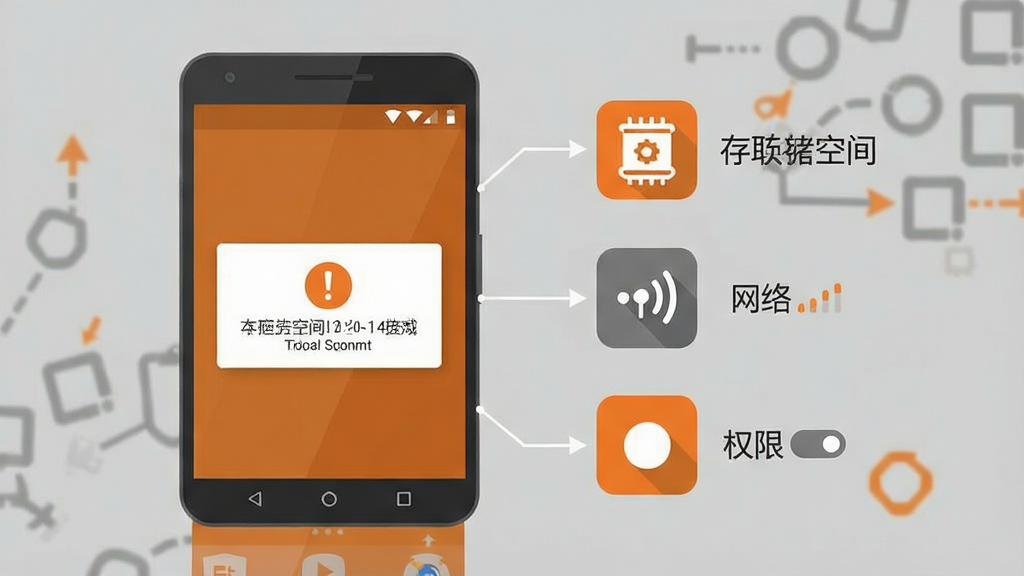 一张手机应用问题排查示意图,画面主体是一部安卓手机,屏幕显示带感叹号的提示弹窗,手机旁边排列着存储空间、网络信号、权限开关三个小图标,整体为扁平化信息图风格,配色以橙灰为主,布局清晰,细节简洁,画质干净