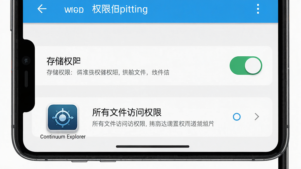 手机界面展示权限设置页面,包含存储权限开关与“所有文件访问权限”选项,旁边有“Continuum Explorer”应用图标,画面风格为系统设置界面写实风,配色以白色和浅蓝为主,细节包含权限开关状态、提示文字,画质清晰干净