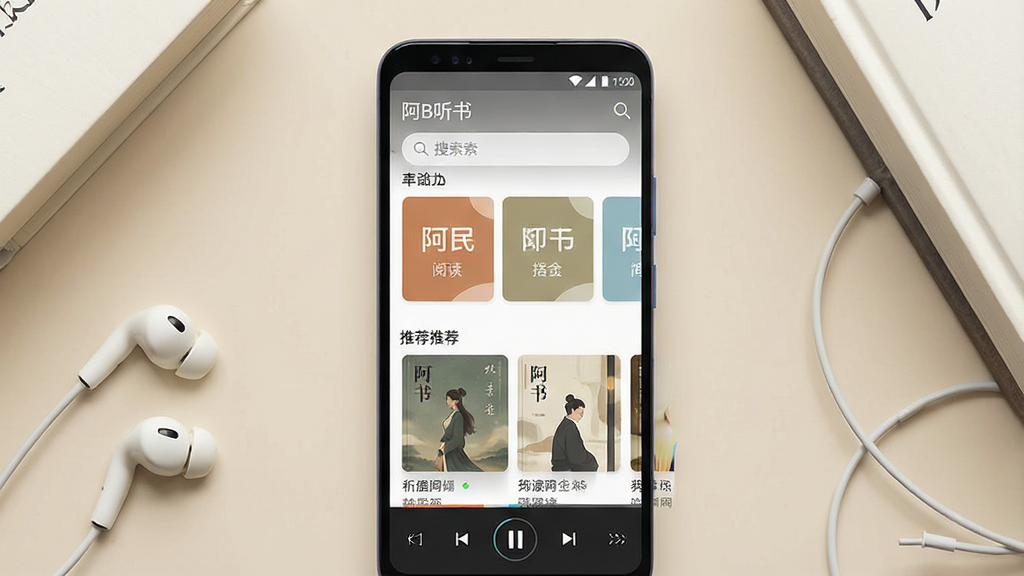一张手机屏幕展示有声阅读应用界面的场景图,画面中央是一部竖屏安卓手机,屏幕内显示“阿B听书”应用主界面,顶部搜索栏,中部为分类卡片与推荐书单,底部为播放控制条,手机两侧散落耳机与书本元素,背景为浅米色桌面,整体风格清新简约,细节清晰,画质干净,无多余装饰元素