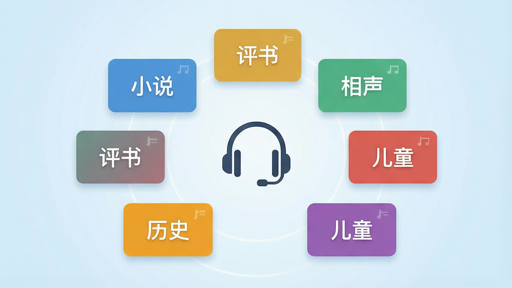 一张展示音频内容分类界面的示意图,画面主体为悬浮的多个彩色内容卡片,分别标注“小说”“评书”“相声”“历史”“儿童”等字样,卡片呈环形围绕中心一个耳机图标排列,背景为淡蓝色渐变,风格扁平化,排版整齐,细节干净,画质清晰,无杂乱元素
