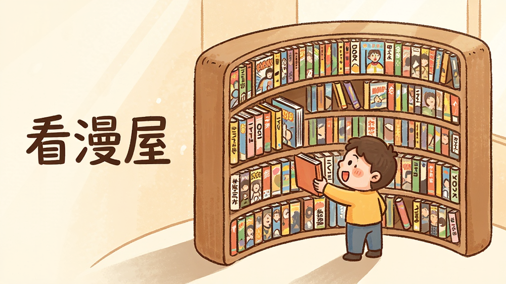 主体为一座巨大的虚拟书架,书架上整齐排列着色彩各异的漫画书,书架前有一位卡通读者正在取书,布局为书架占据画面主体呈弧形环绕,排版左侧留出空间放置软件名称文字,风格为温暖手绘插画风,细节包括书脊上的分类标签、读者惊喜表情、地面光影,画质高清干净无多余元素,画面中打文字“看漫屋”