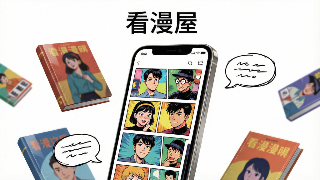 主体为一部智能手机竖屏展示漫画阅读界面,屏幕中呈现色彩鲜艳的漫画分格画面,手机周围环绕漂浮着多本漫画书封面与对话气泡元素,布局为居中构图手机略倾斜,排版上方留白放置软件名称文字,风格为现代扁平化插画风,细节包括漫画书脊高光、气泡内手绘线条、手机边框金属质感,画质高清干净无多余元素,画面中打文字“看漫屋”