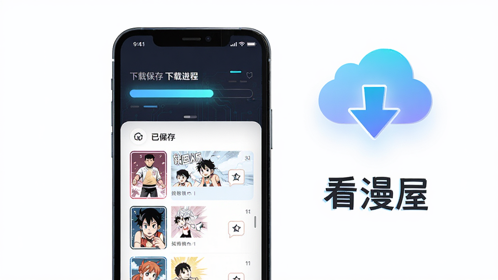 主体为手机屏幕显示下载进度条与已缓存漫画列表,旁边放置一个云朵与向下箭头的图标组合,布局为手机居中、图标悬浮于右上角,排版下方留白放置软件名称文字,风格为科技感扁平插画风,细节包括进度条光效、云朵渐变、列表缩略图清晰,画质高清干净无多余元素,画面中打文字“看漫屋”