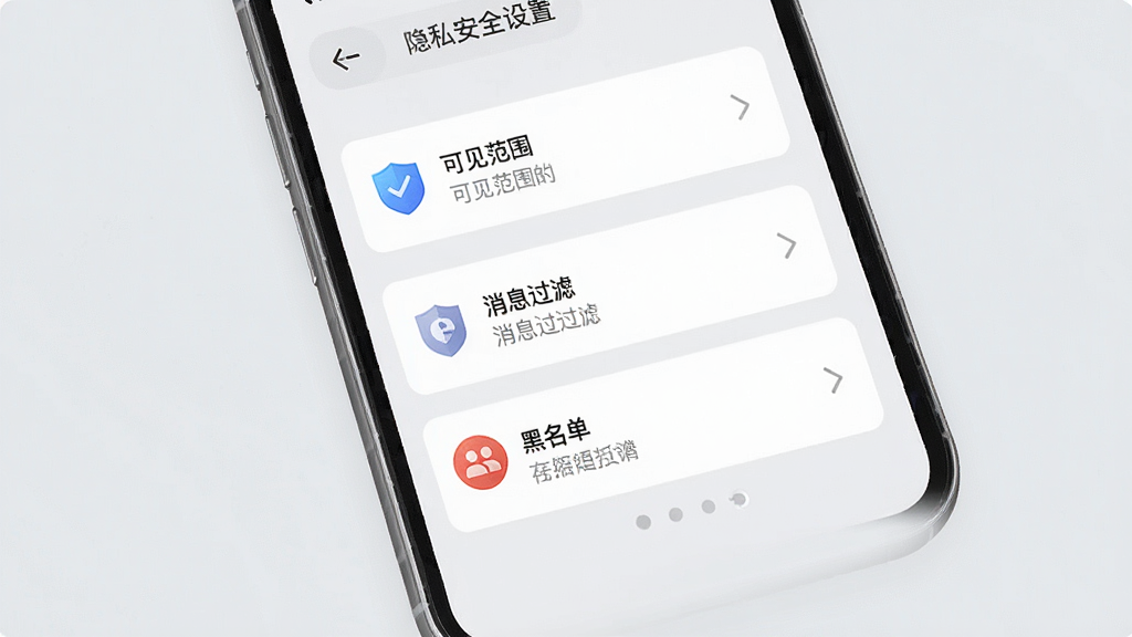 一款社交应用的隐私安全设置页面展示,手机屏幕竖版构图,页面中包含