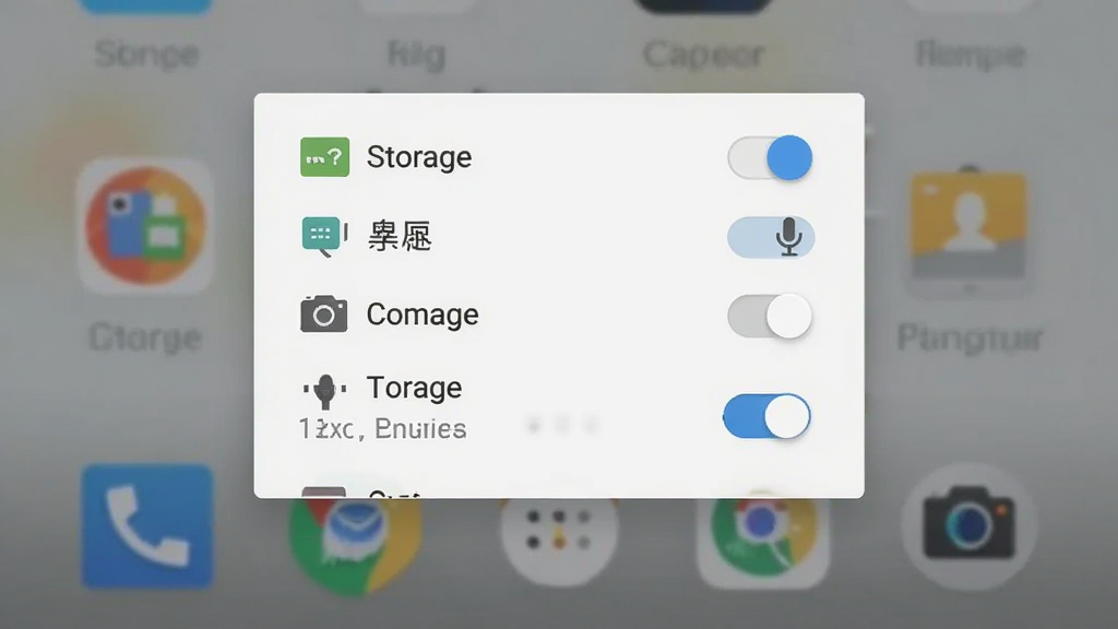 安卓手机安装应用时的权限授权弹窗界面,竖版构图,弹窗中包含存储、麦克风、相机等权限开关,背景为手机桌面虚化效果,风格写实简洁,布局清晰,细节干净,画质清晰,无多余元素