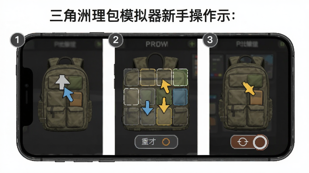 三角洲理包模拟器新手操作示意图,画面主体为手机屏幕展示背包整理步骤,布局为分步图示排列,排版采用序号引导,风格为简洁教程风,细节包含拖拽箭头、格子高亮、重置按钮示意,画质清晰,画面干净无多余元素