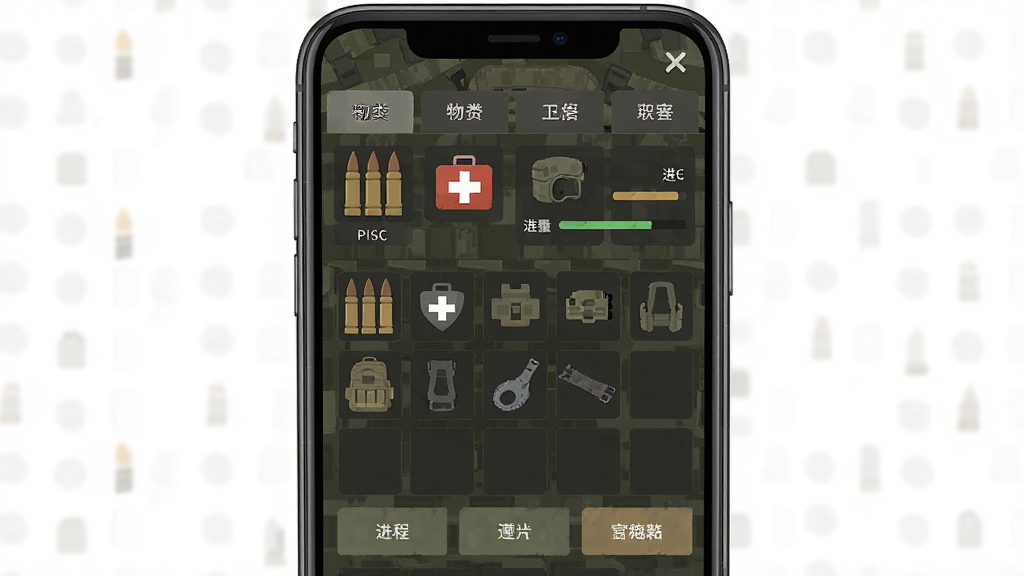 三角洲理包模拟器功能展示图,画面主体为手机屏幕内呈现物资分类面板与背包整理进度,布局为上下结构,上方为分类标签栏,下方为背包网格与操作按钮,排版简洁明了,风格为扁平化战术风,细节包含弹药图标、医疗图标、配件图标、进度条,画质高清,界面干净无多余元素
