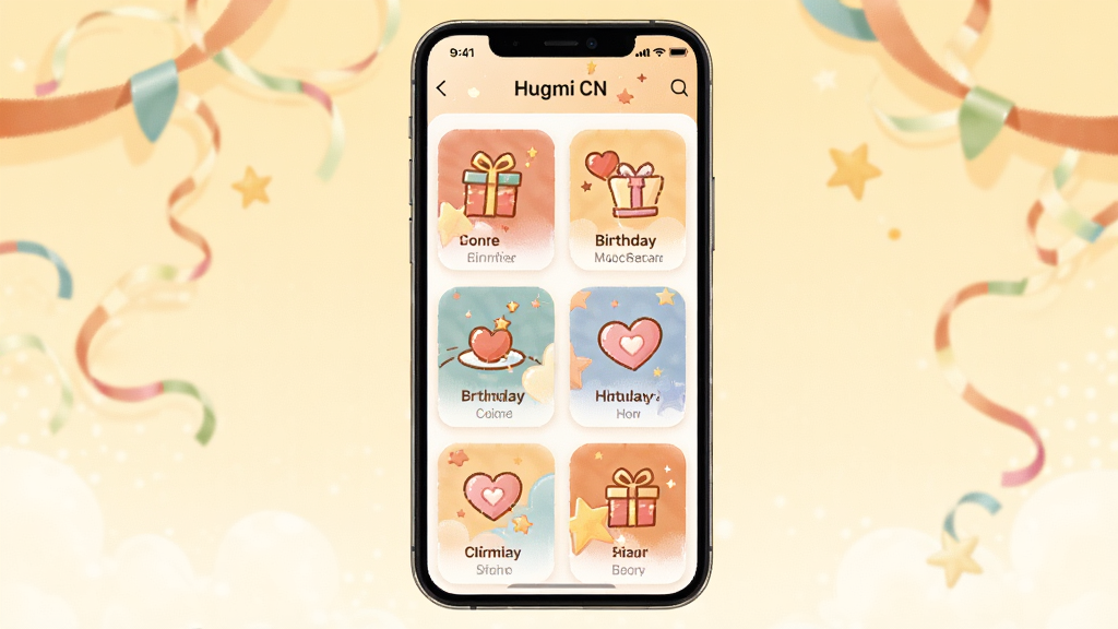 ��������Ϊ Hugmi CN Ӧ���ڵ��罻����ģ�����棬�ֻ���Ļ��������ʽչʾ���������Ƭ����Ƭ���н��ա����ա���л��ͼ���ʶ������Ϊ�ֻ����У���Ļ��������չʾ��Ƭ���У���������͵Ľ���Ԫ�ص�׺��ʴ������ǣ����Ϊ��ܰ���õĲ廭���ɫ��������ů��ϸ���Ͽ�Ƭ��Ե��Բ������΢��Ӱ��ͼ�����׶������ʸ��壬����ɾ����࣬������Ԫ��