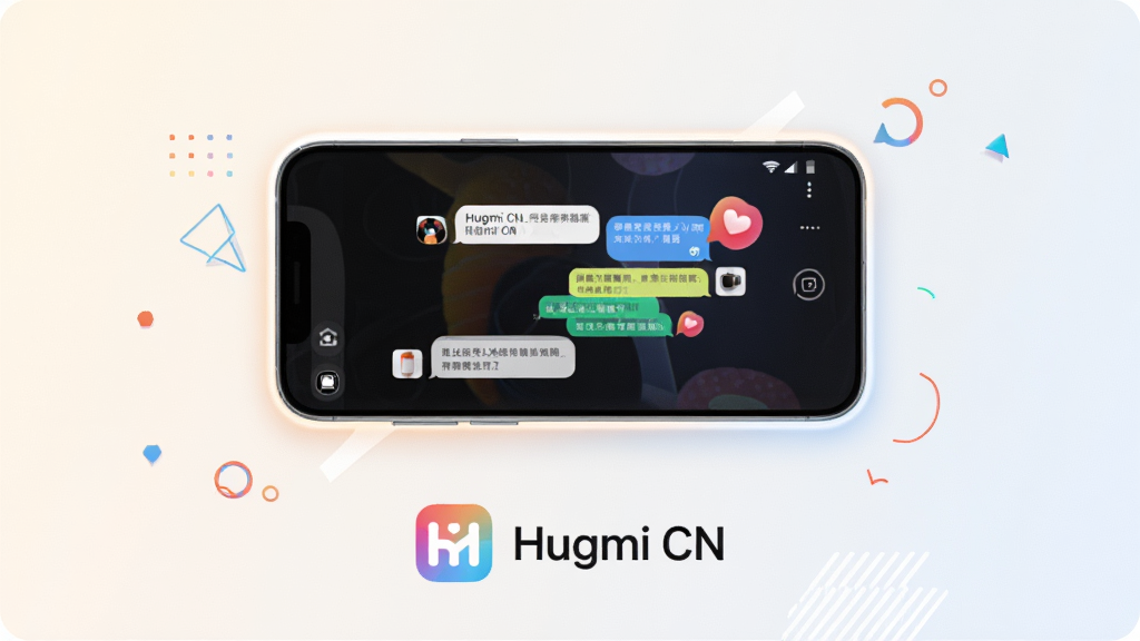 ����Ϊһ�������ֻ����з��ã���Ļ��ʾ Hugmi CN Ӧ�ý��棬�����а������������밮��ͼ��Ԫ�أ����ֲ��þ��жԳƹ�ͼ���ֻ��·�����Ӧ��ͼ�������ֱ�ʶ���Ű���󷽣�����Ϊǳɫ���䣻���Ϊ�ִ��Ƽ�������ܰ�罻��Χ��ϣ�ϸ�����ֻ���Ե����͹��Σ�����Ԫ�������ɱ棬��Χ��׺��������װ�����������ʸ��壬�ɾ��޶���Ԫ�أ����廭������ͨ͸