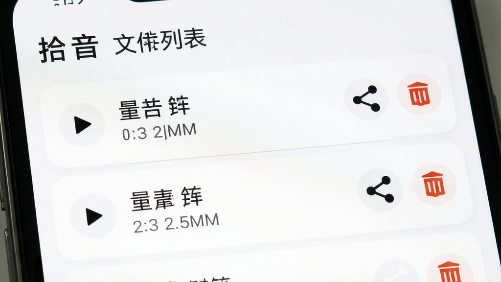 手机屏幕展示一个音频文件列表界面,每条记录左侧有播放图标,中间显示文件名和时长,右侧有分享和删除按钮,背景为白色卡片式布局,风格为清爽极简,细节包括列表项的圆角设计和浅灰色分隔线,画质为高清,画面干净,无多余元素,图中文字为“拾音 文件列表”
