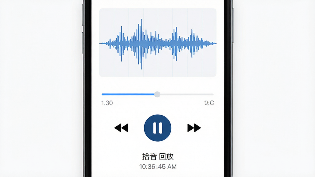 手机屏幕显示音频播放界面,中央有进度条和播放暂停按钮,上方显示波形图,下方有文件名和时间信息,布局为垂直居中,风格为现代扁平化,细节包括蓝色进度条和白色背景,画质为高清,画面干净,无多余元素,图中文字为“拾音 回放”