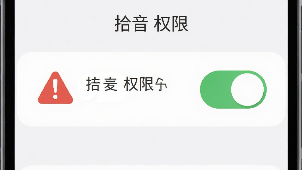 一部手机屏幕显示权限设置界面,麦克风权限开关处于开启状态,旁边有红色警示图标和文字提示,布局为居中构图,风格为扁平化信息图,细节包括绿色开关和红色感叹号,画质为高清,画面干净,无多余元素,图中文字为“拾音 权限”