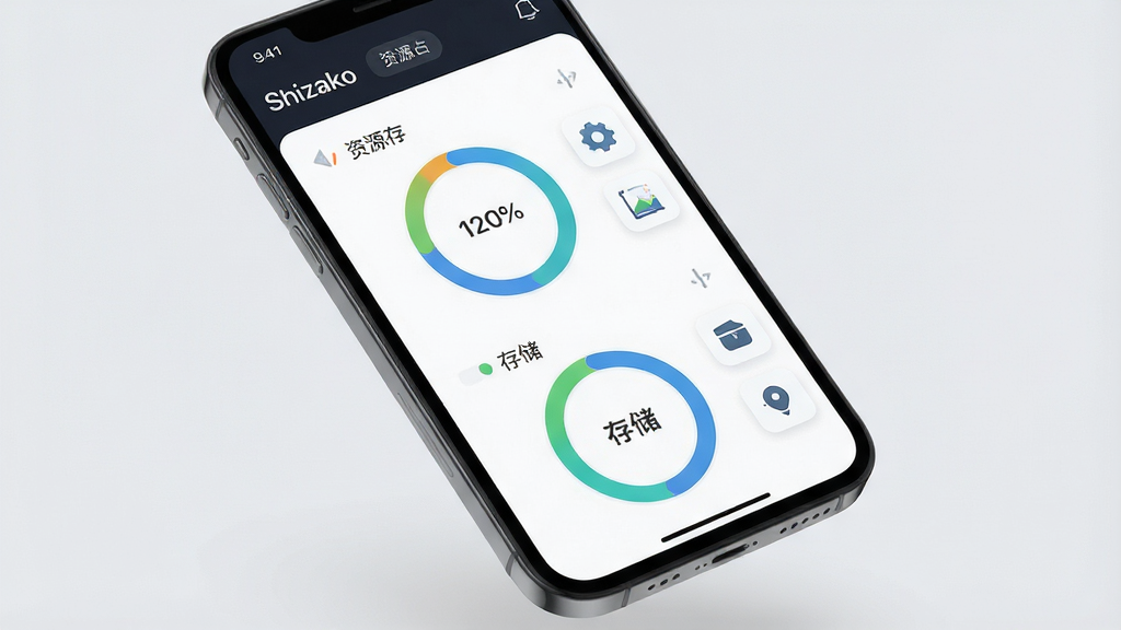 一张手机屏幕特写图,画面中手机悬浮于浅灰背景之上,屏幕内显示“Shizako”软件的资源占用仪表盘界面,包含内存与存储的简洁环形图表,旁边配有小巧的功能图标,整体风格清爽现代,光线柔和,画质高清,画面干净无杂乱元素