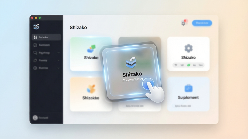 一张动态感界面示意图,画面展示“Shizako”软件中功能卡片被点击后展开的过程,界面元素带有轻微的运动模糊与高光效果,背景为浅色渐变,整体风格简洁明快,构图居中,画质细腻,画面干净无多余文字堆砌