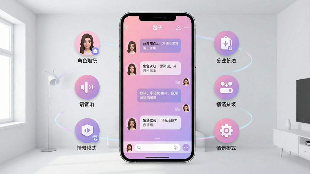 一张展示嫂子模拟器AI手机应用主界面的示意图,画面中央是一部竖屏智能手机,屏幕上显示着聊天对话界面,有虚拟女性角色头像和对话气泡,界面配色以柔和的粉紫色渐变为主,手机周围环绕着几个小图标分别代表角色切换、语音输入、情景模式等功能入口,背景为干净的浅灰色室内环境,整体风格清新现代,画质清晰,构图居中,无多余装饰元素