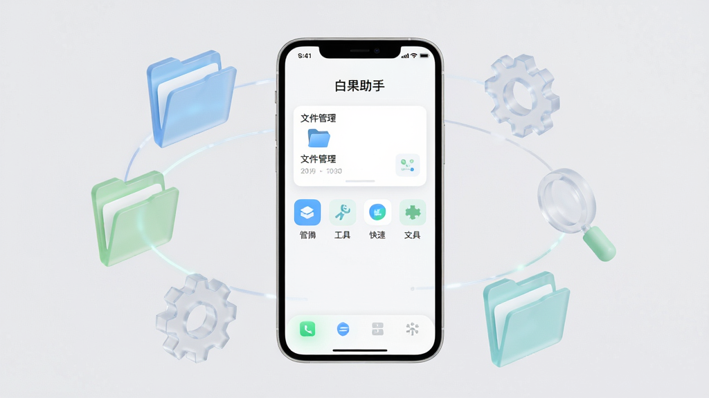 画面中央放置一部智能手机,手机屏幕显示“白果助手”主界面,界面包含文件管理卡片、快捷工具图标与清爽的浅色底栏;手机周围环绕文件夹、齿轮、放大镜等半透明立体图标,构成环形布局;整体采用扁平化科技风格,配色以白、浅蓝、浅绿为主,细节干净利落,背景为纯色浅灰,画质清晰,无多余元素