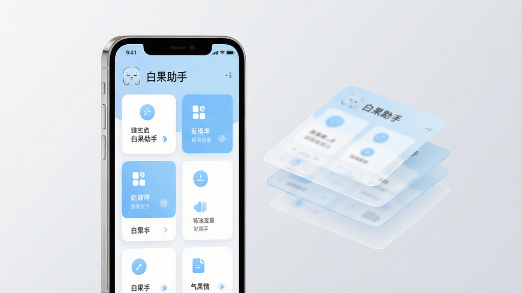 一部手机直立展示“白果助手”界面,屏幕中整齐排列功能卡片与圆形图标,布局疏朗;手机右侧漂浮半透明的界面分层示意块,体现层级简洁;风格为清新扁平化,主色白与浅蓝,背景浅灰渐变,画面干净,画质细腻,无多余装饰