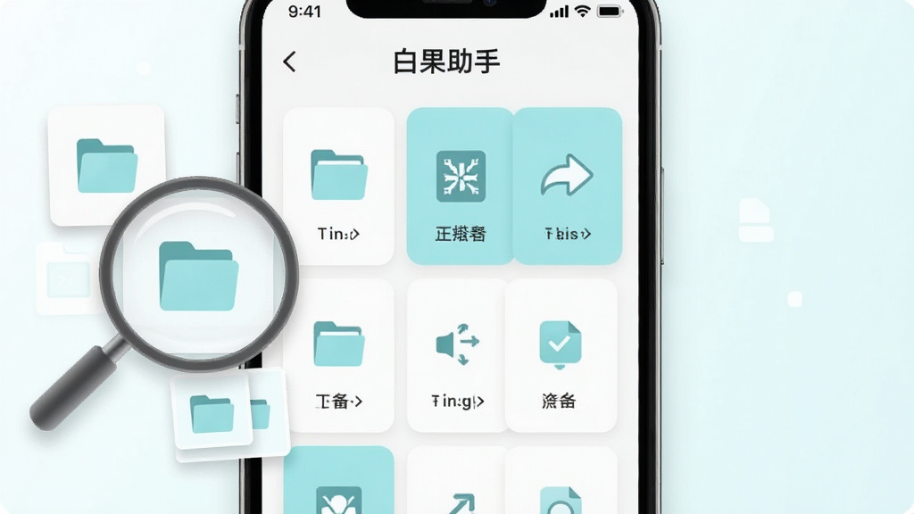 手机屏幕中呈现“白果助手”工具箱页面,多个功能模块以网格卡片形式排布,卡片上有文件夹、压缩包、传输箭头等图标;画面左侧漂浮放大镜与文件缩略图元素,右侧为浅色背景;整体风格简洁实用,配色白与浅青,画质清晰,干净无杂乱