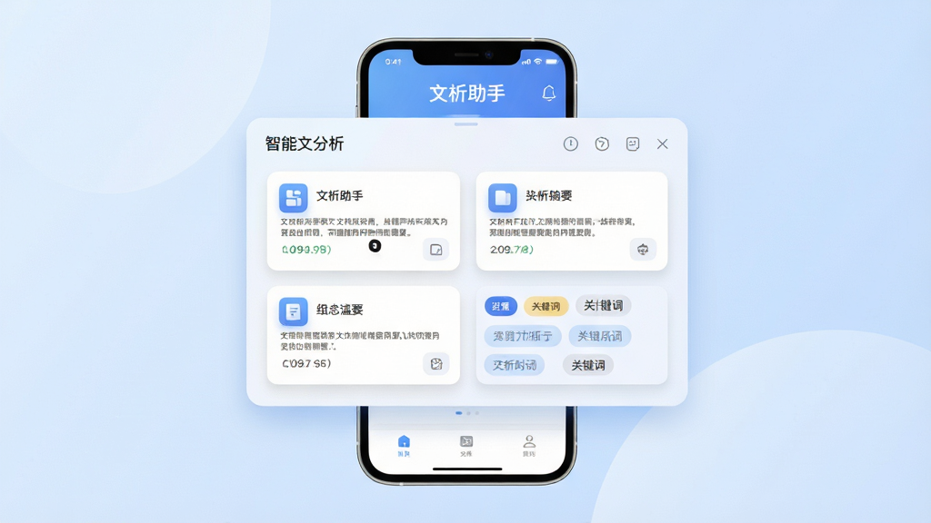 一款名为文析助手的手机应用界面展示,主体为一块悬浮的智能文档分析面板,面板上整齐排列着文档摘要卡片与关键词标签,背景为柔和的浅蓝色渐变,布局采用居中对称式排版,风格为现代科技感扁平化设计,细节包括细腻的卡片阴影与圆角图标,画质清晰干净,画面中带有文析助手的文字标识,无多余装饰元素