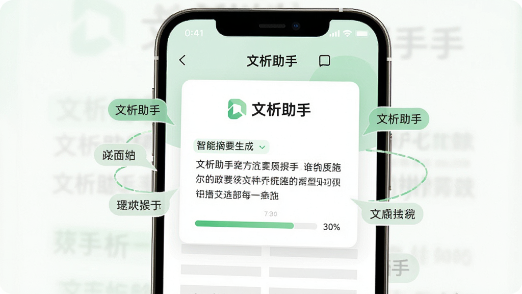 一部智能手机屏幕显示文析助手的智能摘要生成界面,屏幕中央是一份文档的摘要卡片,卡片上方有文析助手的标志,周围环绕着关键词高亮标记与进度条,布局为上下分层结构,风格为清爽的移动端UI设计,细节包括柔和的绿色点缀与清晰的文字层级,画质干净明亮,画面中带有文析助手的文字,无杂乱元素