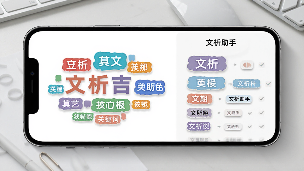 文析助手的关键词提取功能展示图,画面中一部手机横置,屏幕上呈现彩色关键词标签云与要点列表,标签按重要程度由大到小排列,背景为淡灰色工作台面,布局为左右分栏式,风格为简约办公风,细节包括标签的圆角矩形外观与浅色投影,画质清晰锐利,画面中带有文析助手的名称,无多余干扰