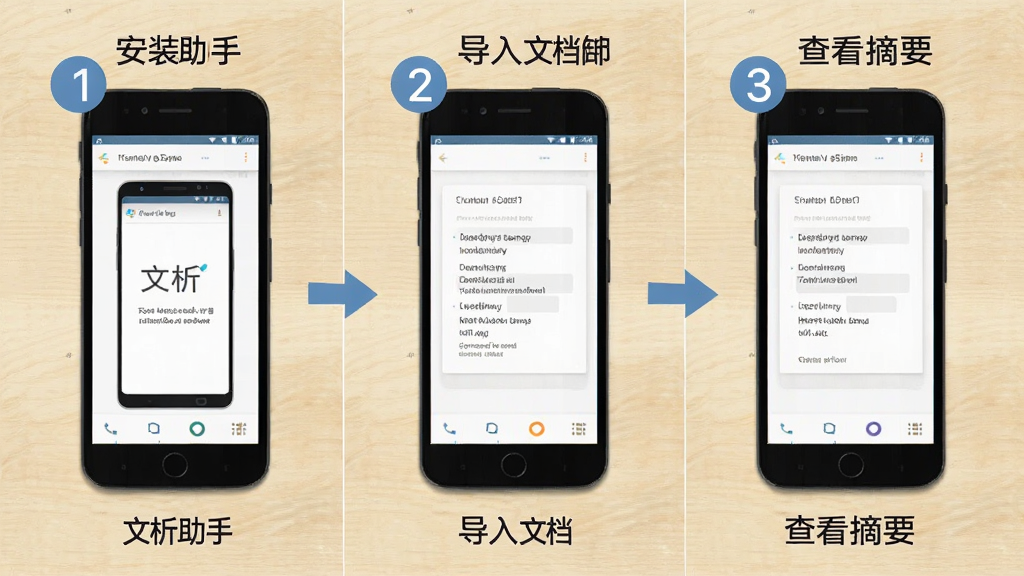 文析助手在安卓手机上的使用流程示意图,画面展示从安装到导入文档再到查看摘要的三个步骤,以横向排列的手机屏幕呈现,背景为浅色木质桌面,布局为左中右三栏式,风格为教程图解风,细节包括步骤序号与箭头引导线,画质清晰整洁,画面中带有文析助手的文字,无多余装饰