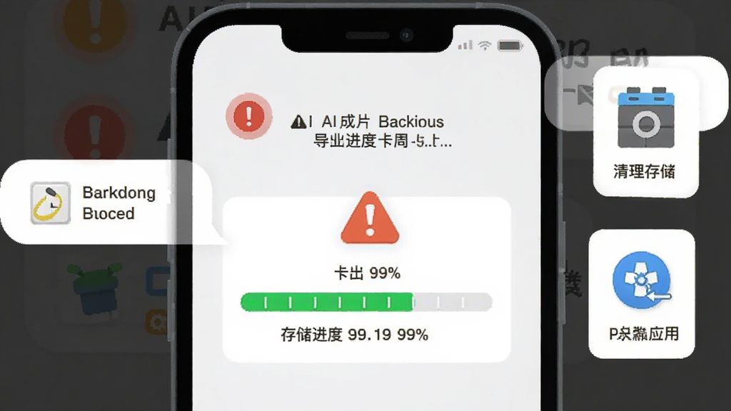 画面展示一部手机屏幕显示AI成片免费制作的导出进度条卡在99%并弹出警告图标,旁边有清理存储和关闭后台应用的示意图标,布局为手机界面特写搭配提示气泡,风格为警示性扁平插画,细节包含红色感叹号与存储空间刻度条,画质清晰,背景简洁