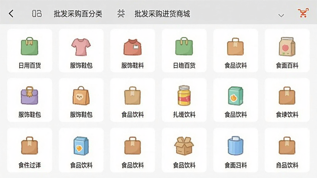 一款名为“批发采购进货商城”的手机APP界面截图,主体为分类导航页面,布局为网格状类目图标排列,排版整齐有序,风格清新简约,细节包含日用百货、服饰鞋包、食品饮料等文字标签和对应小图标,画质高清,画面干净无多余元素