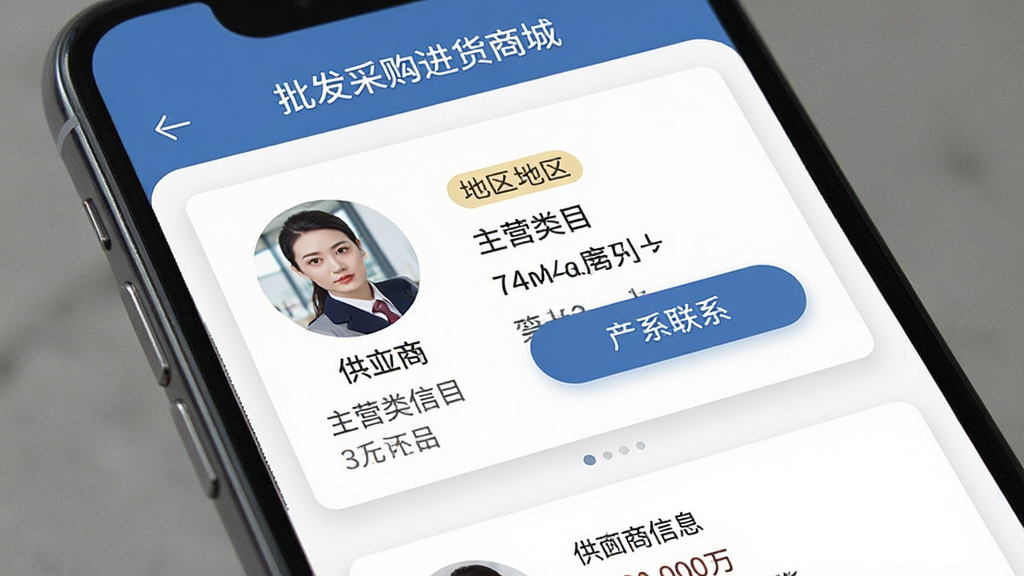 手机屏幕显示“批发采购进货商城”的供应商详情页面,主体为供应商头像与经营信息卡片,布局为上下滚动式信息流,排版左图右文,风格商务简洁,细节包含地区标签、主营类目文字和联系按钮,画质清晰,画面干净无多余元素