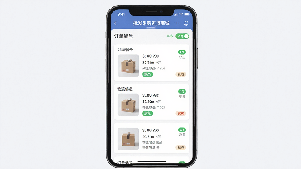 一款名为“批发采购进货商城”的APP订单管理界面,主体为手机屏幕内订单列表,布局为纵向卡片式排列,排版清晰规整,风格现代商务,细节包含订单编号、商品缩略图、状态标签和物流信息文字,画质高清,画面干净无多余元素