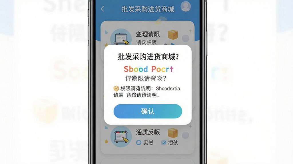 手机屏幕展示“批发采购进货商城”的新手引导页面,主体为手机界面中的步骤提示卡片,布局为居中弹窗式,排版图文结合,风格友好清新,细节包含权限请求说明文字和确认按钮,画质清晰,画面干净无多余元素