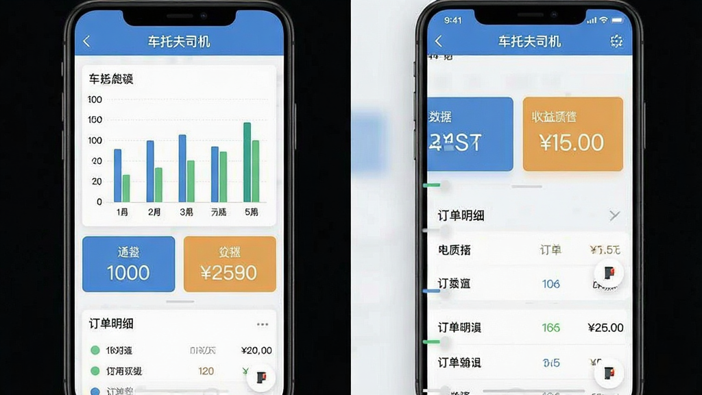 手机应用收益统计页面截图风格,顶部为“车托夫司机”标题栏,中部为柱状图与金额数字卡片,底部为订单明细列表,整体配色清爽,数据可视化清晰,画质干净,排版规整