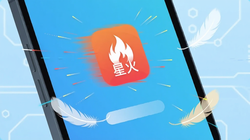一部手机屏幕显示“星火”应用图标正在快速加载,周围有速度线条与轻量化的羽毛元素,背景为淡蓝色科技感渐变,扁平化矢量风格,构图居中,色彩明快,画质干净,无多余装饰