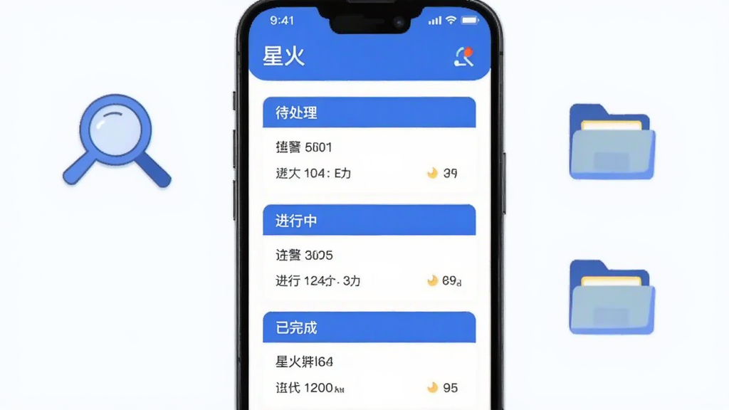 手机界面展示“星火”任务卡片列表,卡片分为待处理、进行中、已完成三组,采用蓝白配色,界面整洁,旁边有放大镜与文件夹图标点缀,扁平插画风格,布局规整,画质清晰,无杂乱元素