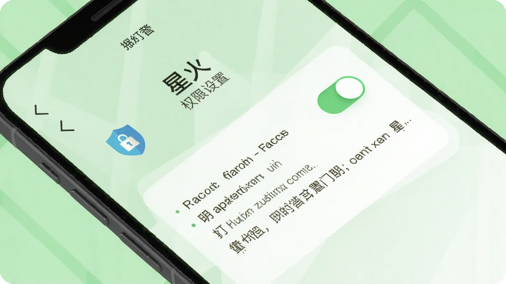 手机屏幕显示“星火”权限设置页面,有开关按钮与说明文字,旁边有盾牌与锁的图标,背景为浅绿色调,扁平化设计风格,布局清晰,画质干净,无多余装饰