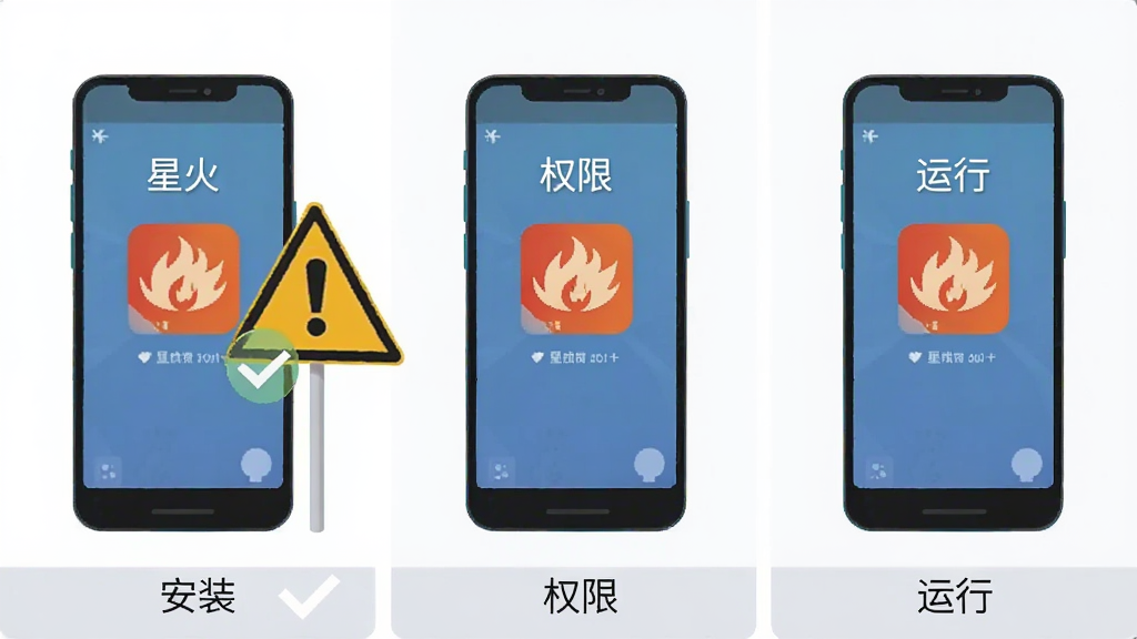 一部手机屏幕显示“星火”应用界面,旁边有警示牌与对勾图标,画面分为安装、权限、运行三个小场景并列排布,扁平化信息图风格,色调以蓝灰为主,布局整齐,画质清晰,无多余元素
