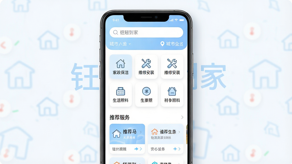 手机应用界面展示图,画面中央是一部竖屏智能手机,屏幕上显示“钰翘到家”应用首页,页面顶部为搜索框与城市定位,中部为家政保洁、维修安装、生活照料等服务分类图标网格,下方为推荐服务卡片列表,整体布局清晰有序,风格为清爽简约的扁平化UI设计,配色以白色与浅蓝色为主,细节包括圆角卡片、线性图标与柔和阴影,画质干净清晰,无多余元素