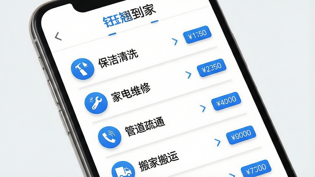 手机应用服务分类页面展示图,画面为一部手机屏幕特写,屏幕上呈现“钰翘到家”服务分类列表,包含保洁清洗、家电维修、管道疏通、搬家搬运等条目,每条目右侧带有箭头与价格标签,页面顶部有“钰翘到家”文字标识,布局为纵向列表排版,风格为现代简约的移动端界面设计,配色以白色背景搭配蓝色强调色,细节包括细线分隔、圆角图标与轻量阴影,画质清晰干净,无多余元素