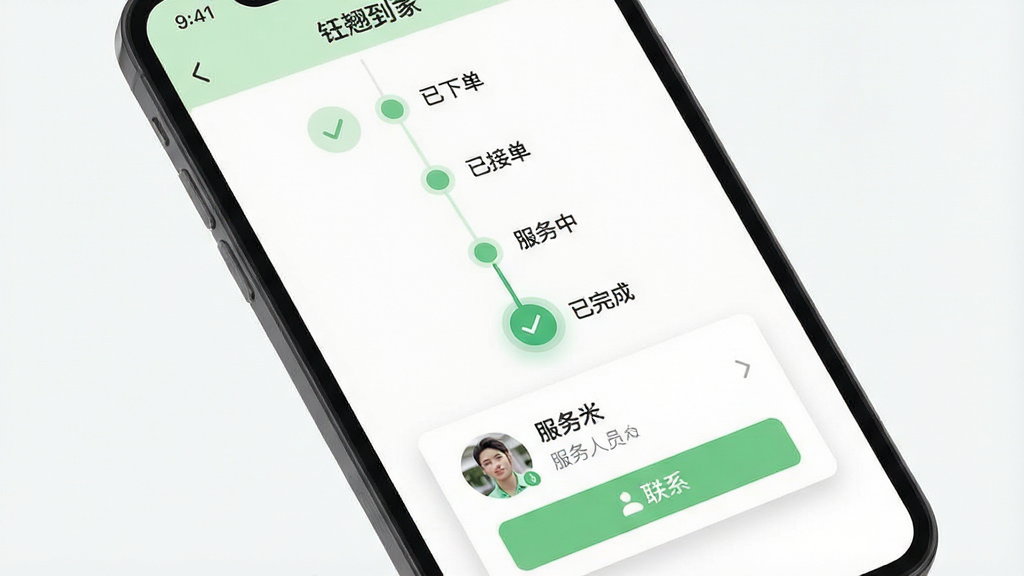 手机应用订单跟踪界面展示图,画面为手机屏幕特写,屏幕上显示“钰翘到家”订单详情页,页面以时间轴形式展示“已下单”“已接单”“服务中”“已完成”等状态节点,当前节点高亮显示,下方为服务人员信息卡片与联系按钮,布局为纵向时间轴排版,风格为清爽的移动端UI设计,配色以白色与浅绿色为主,细节包括圆形节点图标、连接线与卡片阴影,画质干净清晰,无多余元素