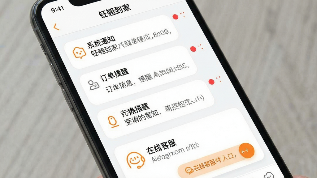 手机应用消息通知与客服界面展示图,画面为手机屏幕特写,屏幕上显示“钰翘到家”消息中心页面,上方为系统通知与订单提醒消息列表,下方为在线客服对话入口卡片,布局为纵向列表排版,风格为轻量简约的移动端界面设计,配色以白色背景搭配橙色提示点,细节包括未读红点、圆角消息气泡与线性图标,画质清晰干净,无多余元素