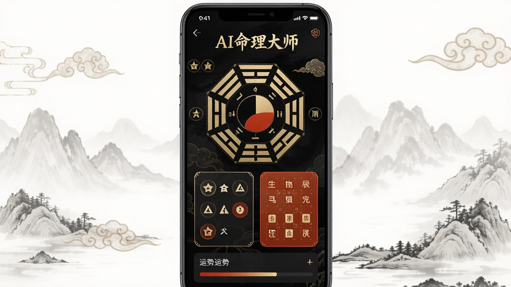 画面中央是一部竖屏智能手机,屏幕内展示深色国风命理APP界面,顶部写有