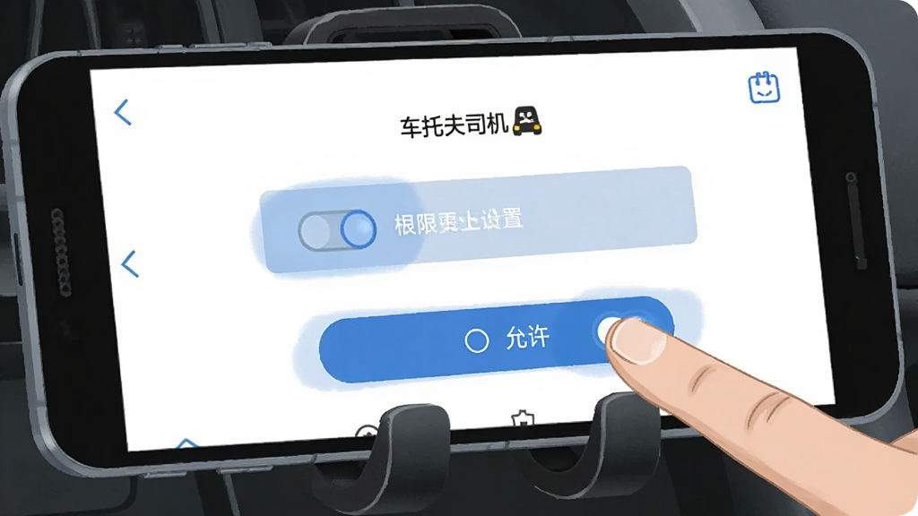 画面主体为一部安卓手机放在车载支架上,屏幕显示