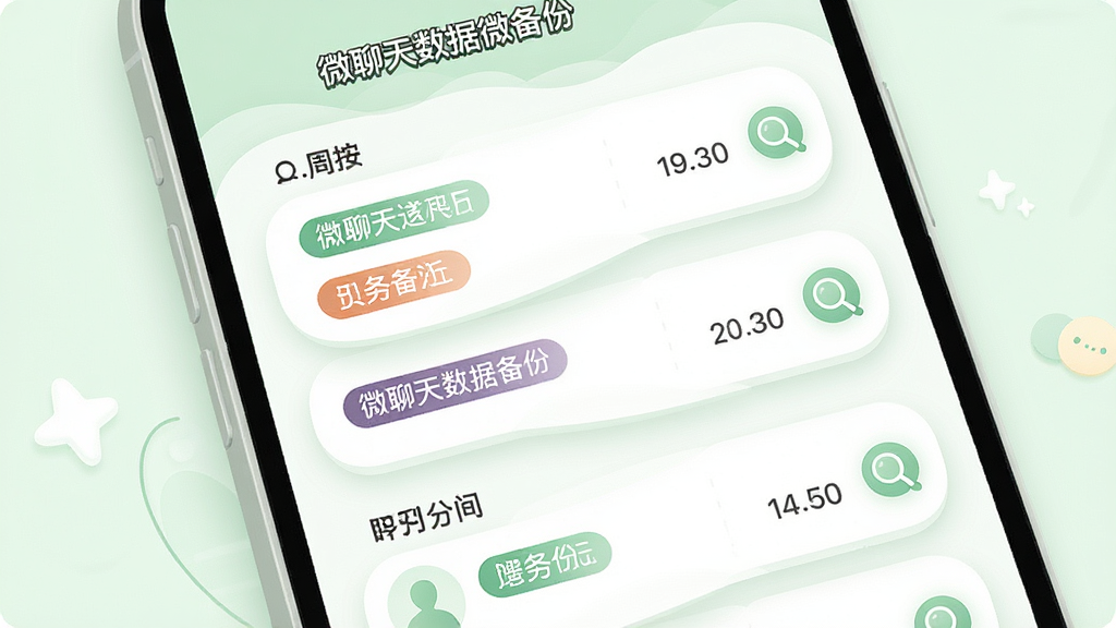 手机屏幕中展示按月份和联系人分组的备份列表,每个条目带有彩色标签与时间戳,旁边有放大镜图标表示搜索功能,布局为纵向列表式构图,排版层次分明,风格为清新浅色UI插画,细节包含淡绿色与白色搭配、圆角矩形卡片、细腻的阴影效果,画质干净清晰,画面中文字标注“微聊天数据微备份”